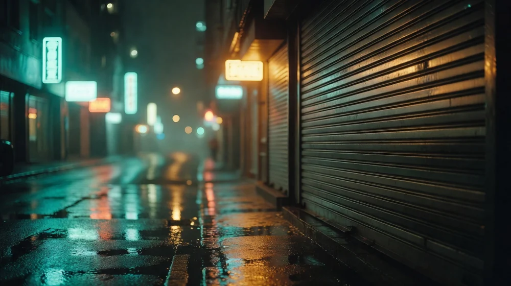 안전 이용 - 셔터 내린 밤거리 상점 앞